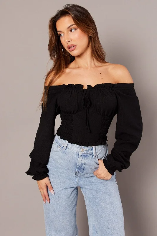 Black Ruched Crop Top Long Sleeve