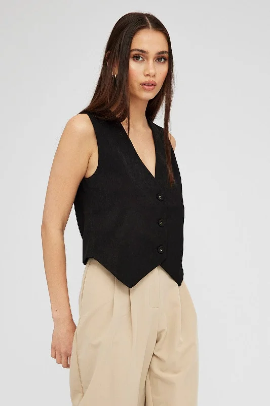 Black Top Waistcost Sleeveless V Neck Button Up Relaxed