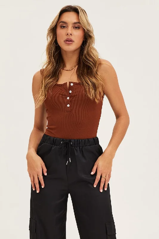 Brown Button Front Rib Bodysuit