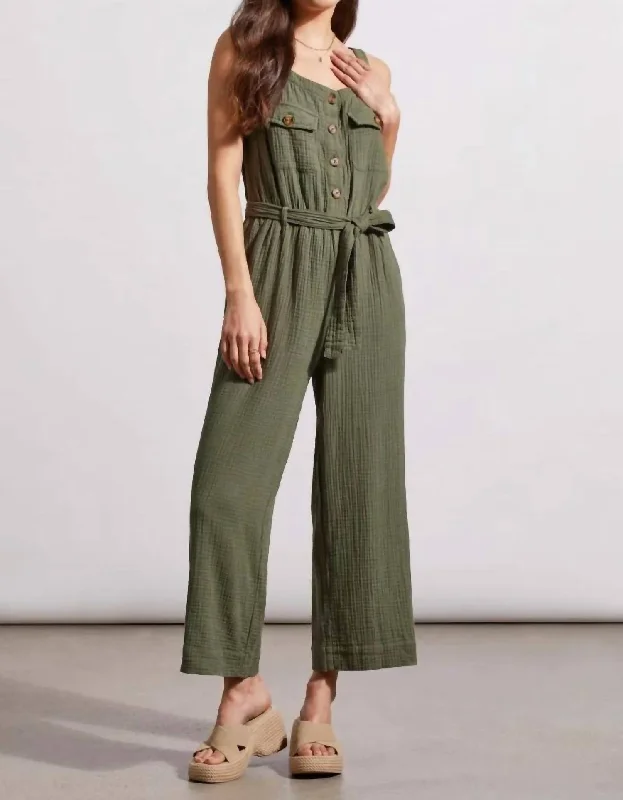 Cotton Gauze Belted Jumpsuit In Fern Green