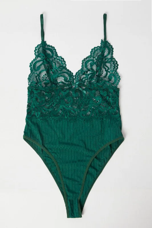 Green Lace Patchwork One Piece Bodysuit