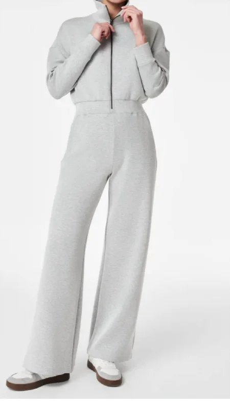 Long Sleeve Wide Leg Jumpsuit In Light Heather Grey