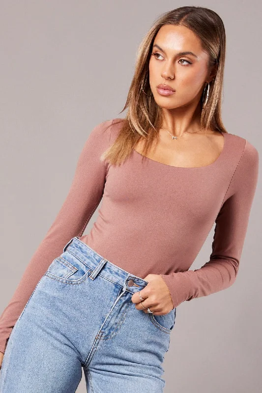 Pink Bodysuit Long Sleeve Square Neck Seamless