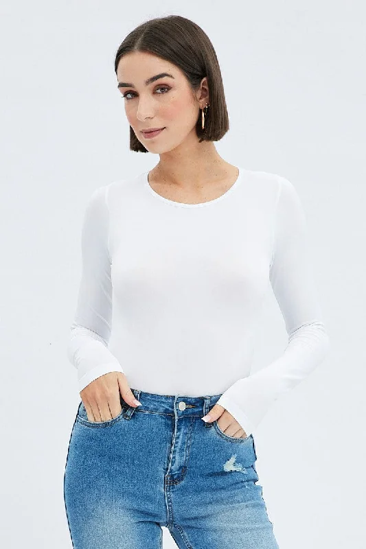 White Bodysuit Long Sleeve Crew Neck Seamless