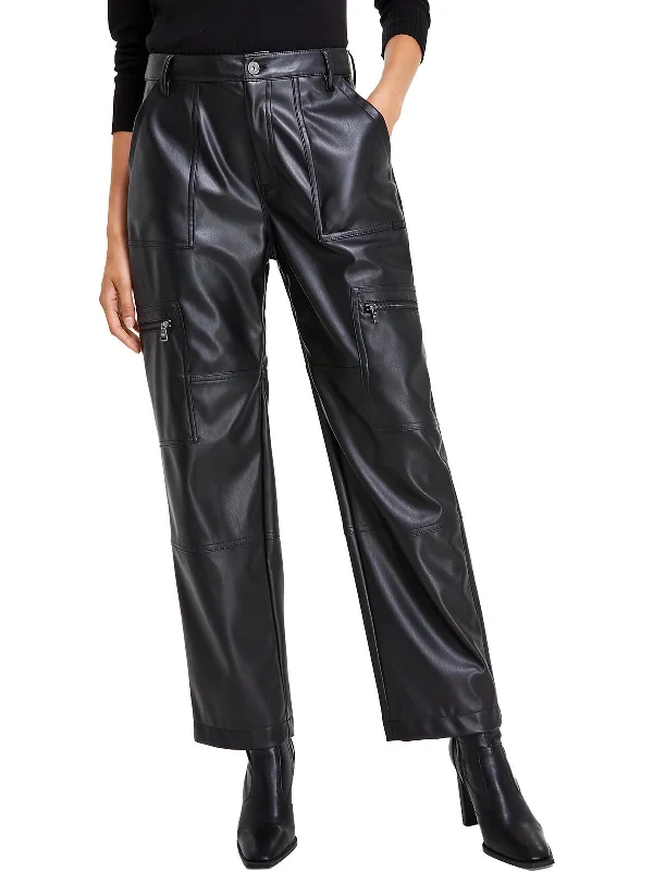 Womens Faux Leather Trim Zip Pockets Cargo Pants