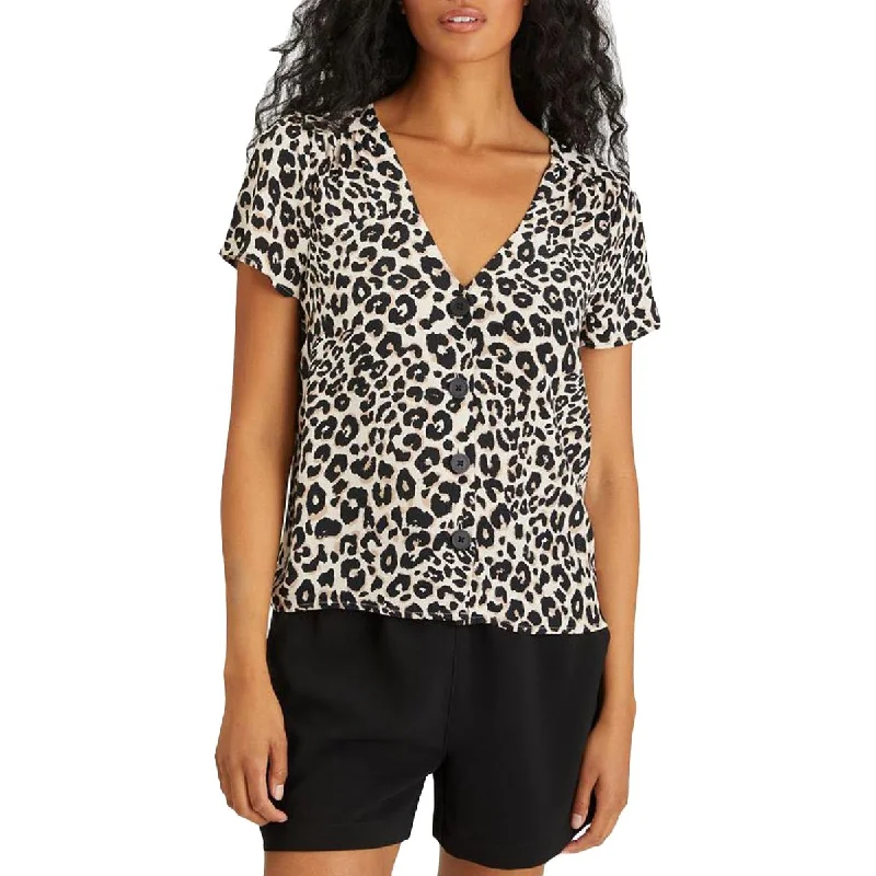 Sanctuary Womens Animal Print Short Sleeves Blouse